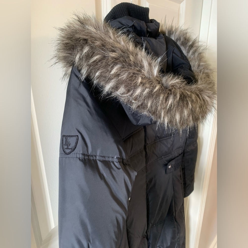Larry Levine Black Puffer Coat with Faux Fur Hood - Picture 4 of 6